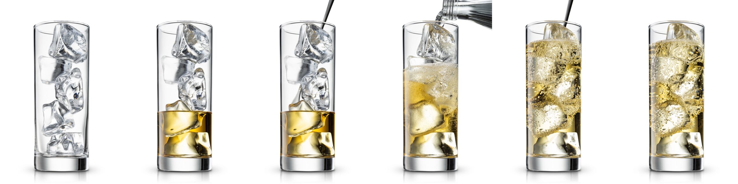 ６つの透明のグラスに銀色のピッチャーでそれぞれ違う量の飲み物が注がれている