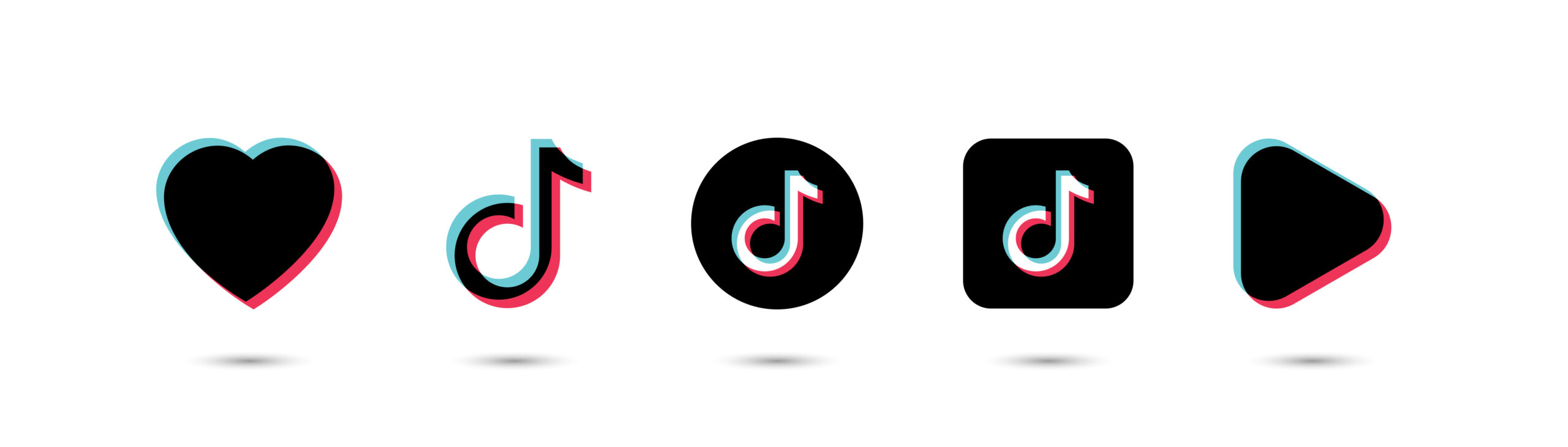 TikTokのアプリアイコンや再生マークが５つ並んでいる