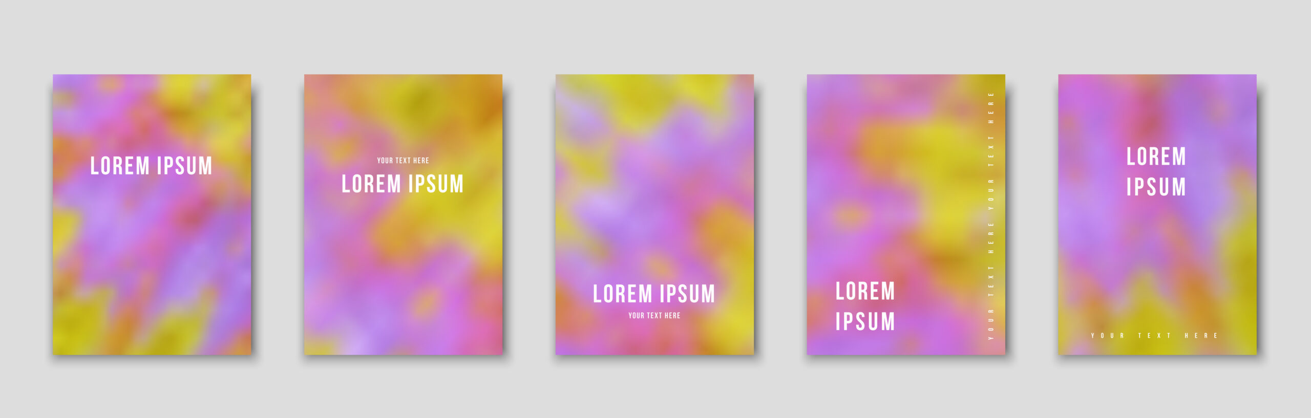 LOREM　IPUSUMと書かれた文字の配置外が違うピンクやオレンジやパープルのパターンが５つ並んでいる