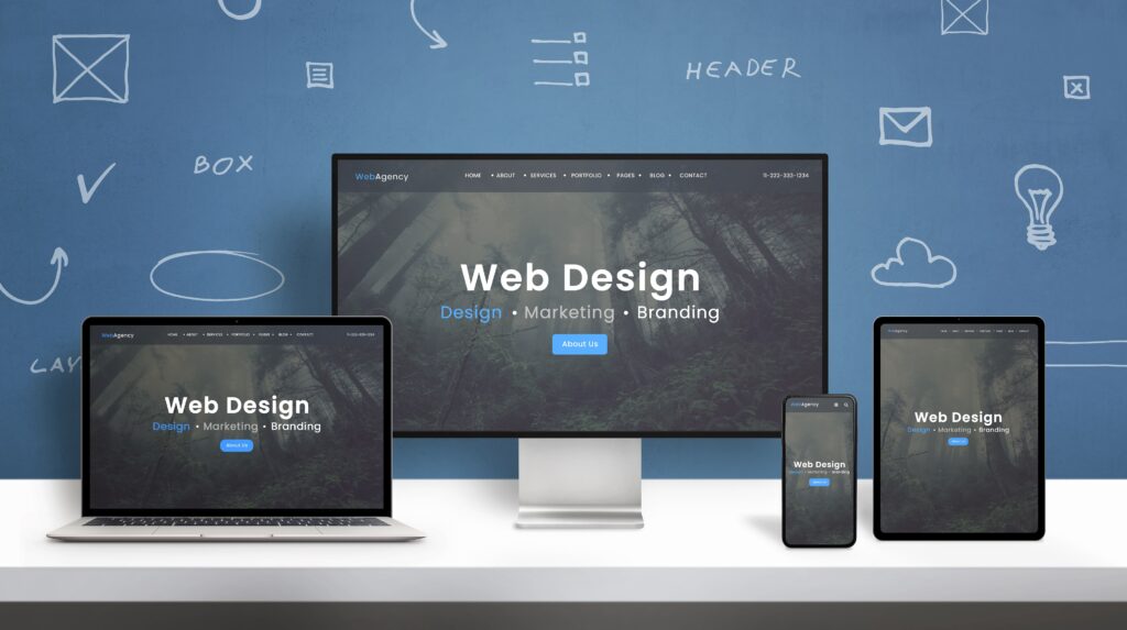 Web Designと書かれた画面のパソコンとタブレットとスマートホン